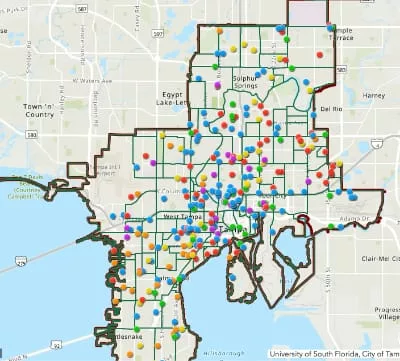 Map of Tampa with colored markers spread throughout city.