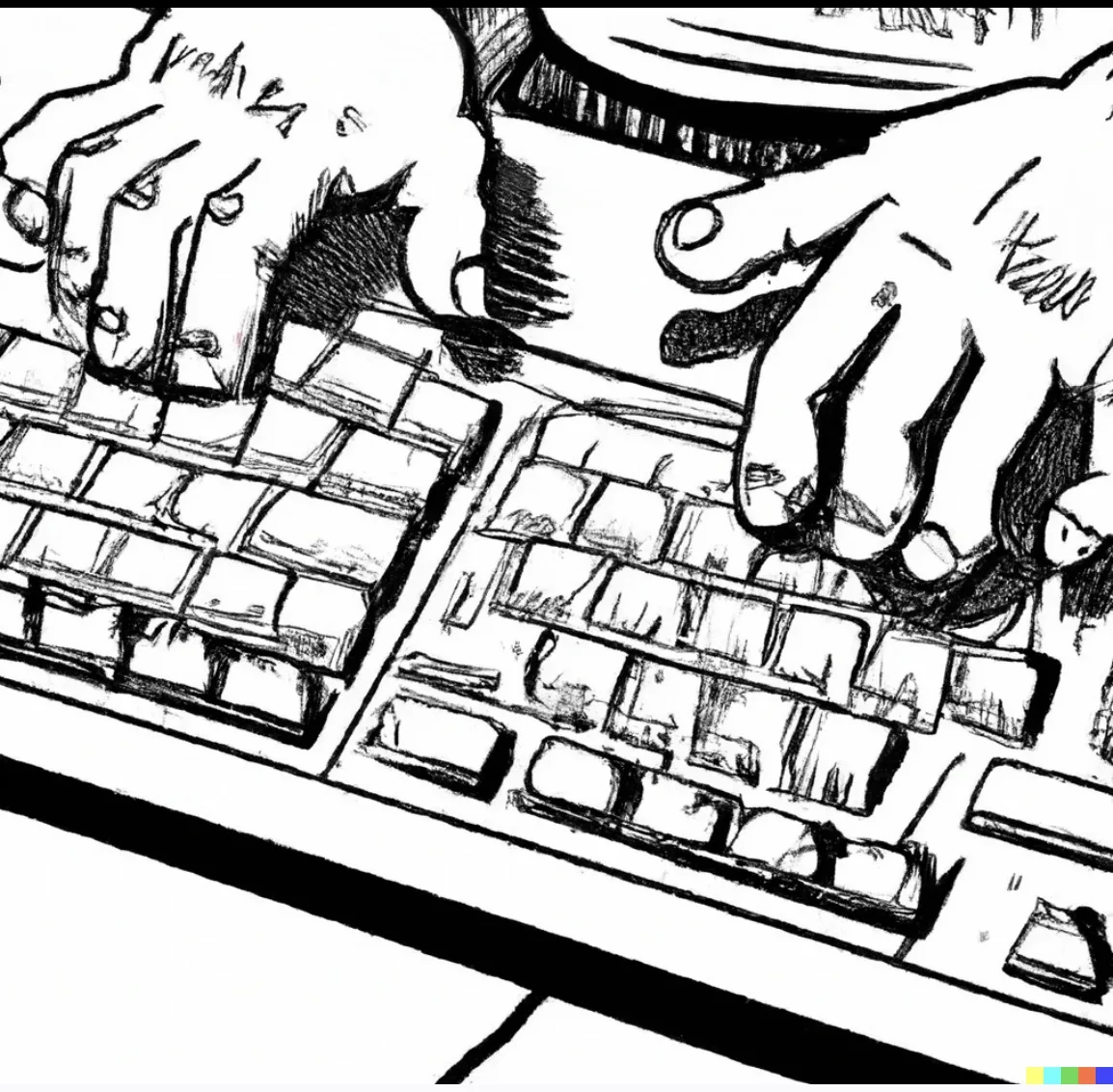 Line sketch of hands typing on keyboard.