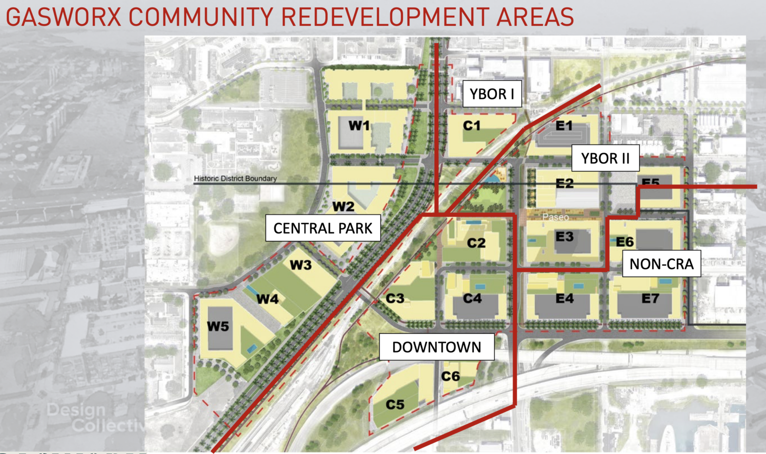 Slide from item 6 on CRA agenda. Map of GasWorx development showing how different parts are in different CRAs. Central Park, Downtown, Ybor I and II.