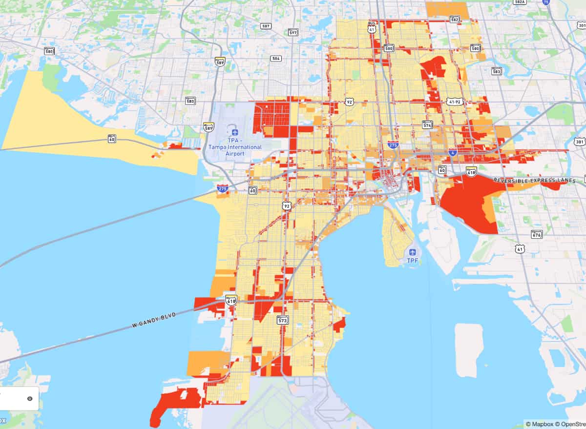 Map of Tampa showing single family zoning the predominate zoning.