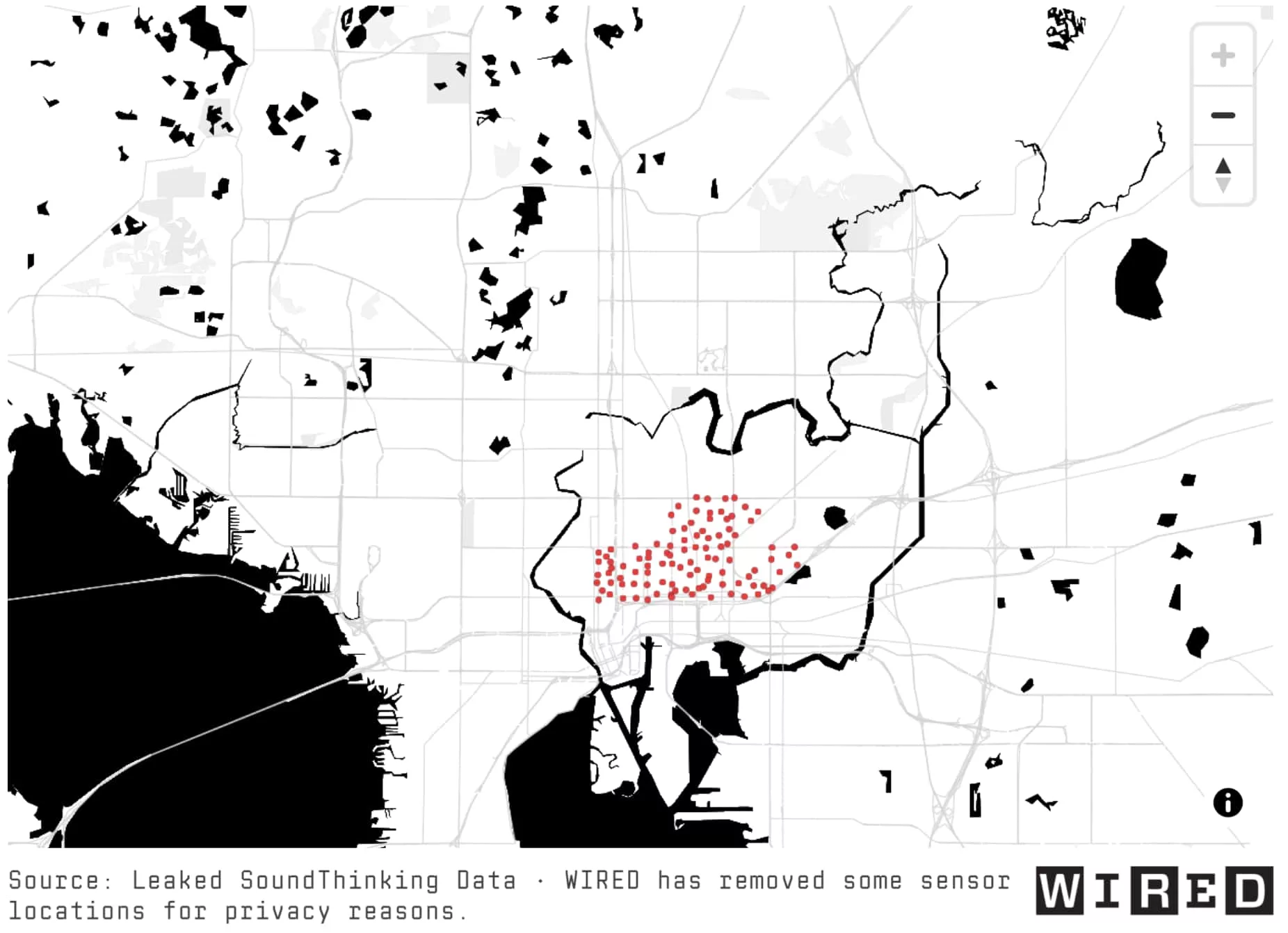 map of ShotSpotter locations in Tampa from Wired article. Primarily East Tampa.