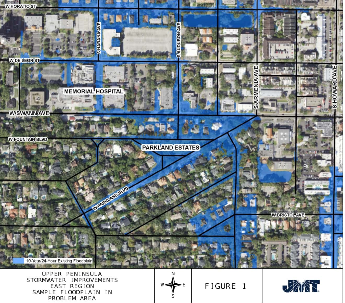 Map showing flooding from 10 year 24 hour rain in and around Parkland Estates.